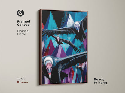 Framed canvas featuring abstract vultures. The birds soar over geometric mountains in teal blue and purple. A brown floating frame complements this eclectic wall accent. The nature inspired artwork is ready to hang.