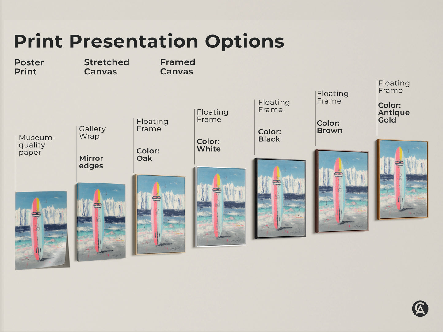 Explore print presentation options for abstract surfboard art. Choose from poster stretched canvas or framed canvas. Available with various frame colors. Perfect coastal wall art.