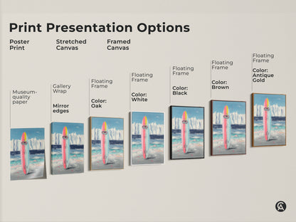 Explore print presentation options for abstract surfboard art. Choose from poster stretched canvas or framed canvas. Available with various frame colors. Perfect coastal wall art.