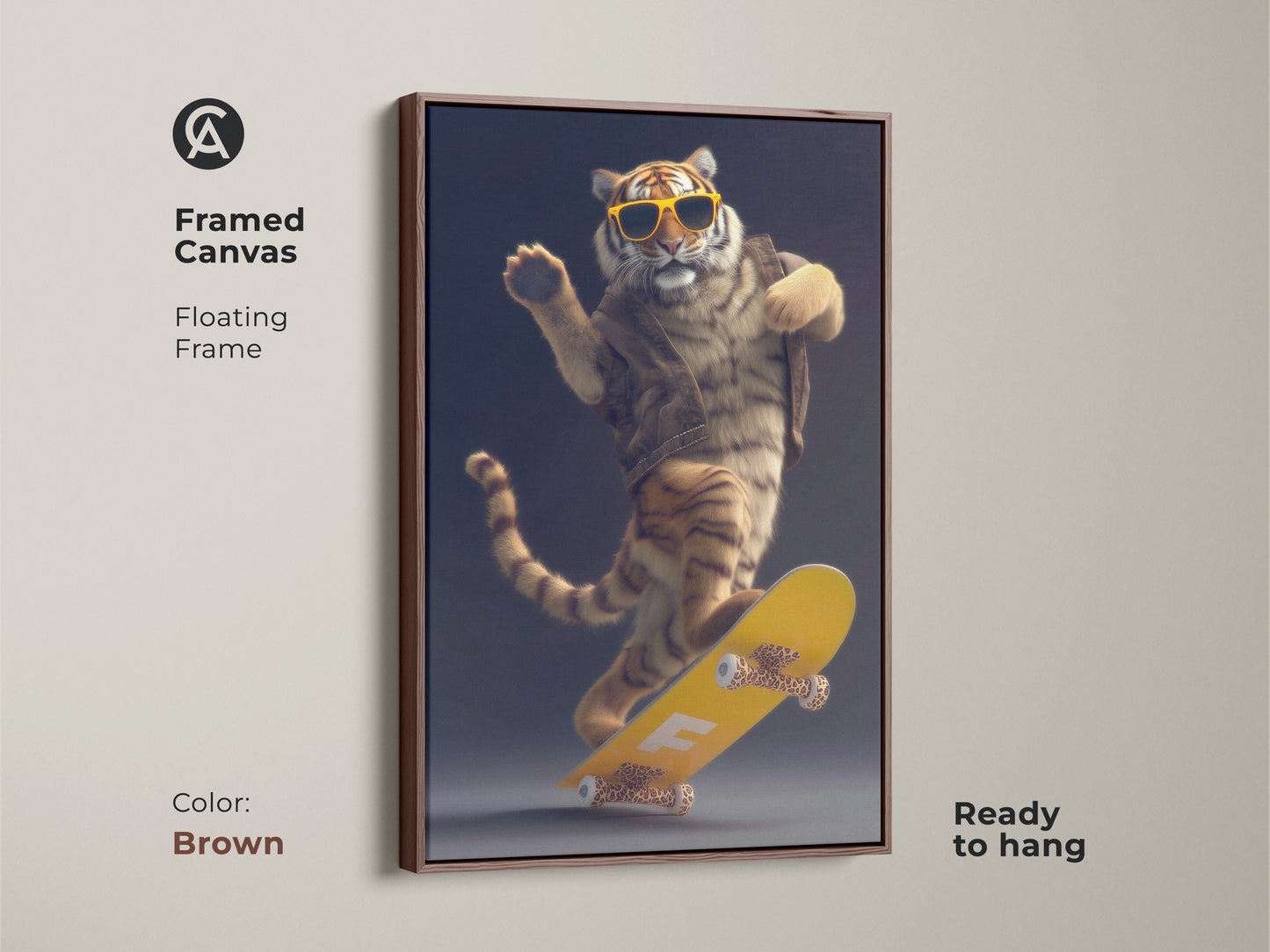 Framed canvas artwork of a tiger on a skateboard with a brown floating frame. The yellow skateboard print is ready to hang. The artwork adds a modern vibe. It's perfect decor for a teen room.