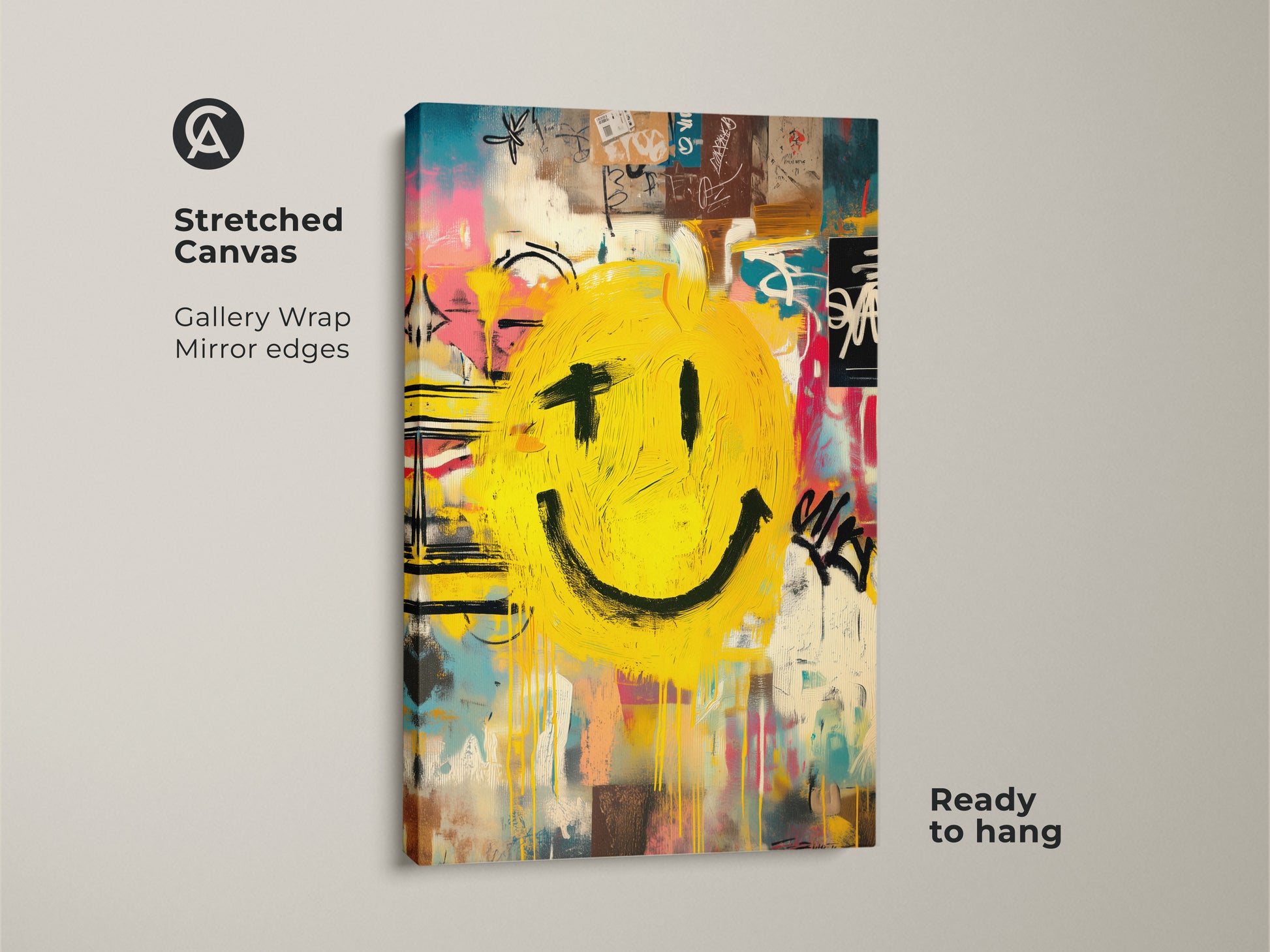 This is a stretched canvas print of a graffiti-style smiley face. The artwork has gallery-wrapped edges. This contemporary artwork is ready to hang. It adds an artistic touch to your home decor.