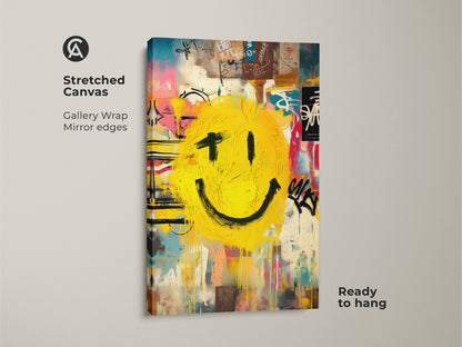 This is a stretched canvas print of a graffiti-style smiley face. The artwork has gallery-wrapped edges. This contemporary artwork is ready to hang. It adds an artistic touch to your home decor.