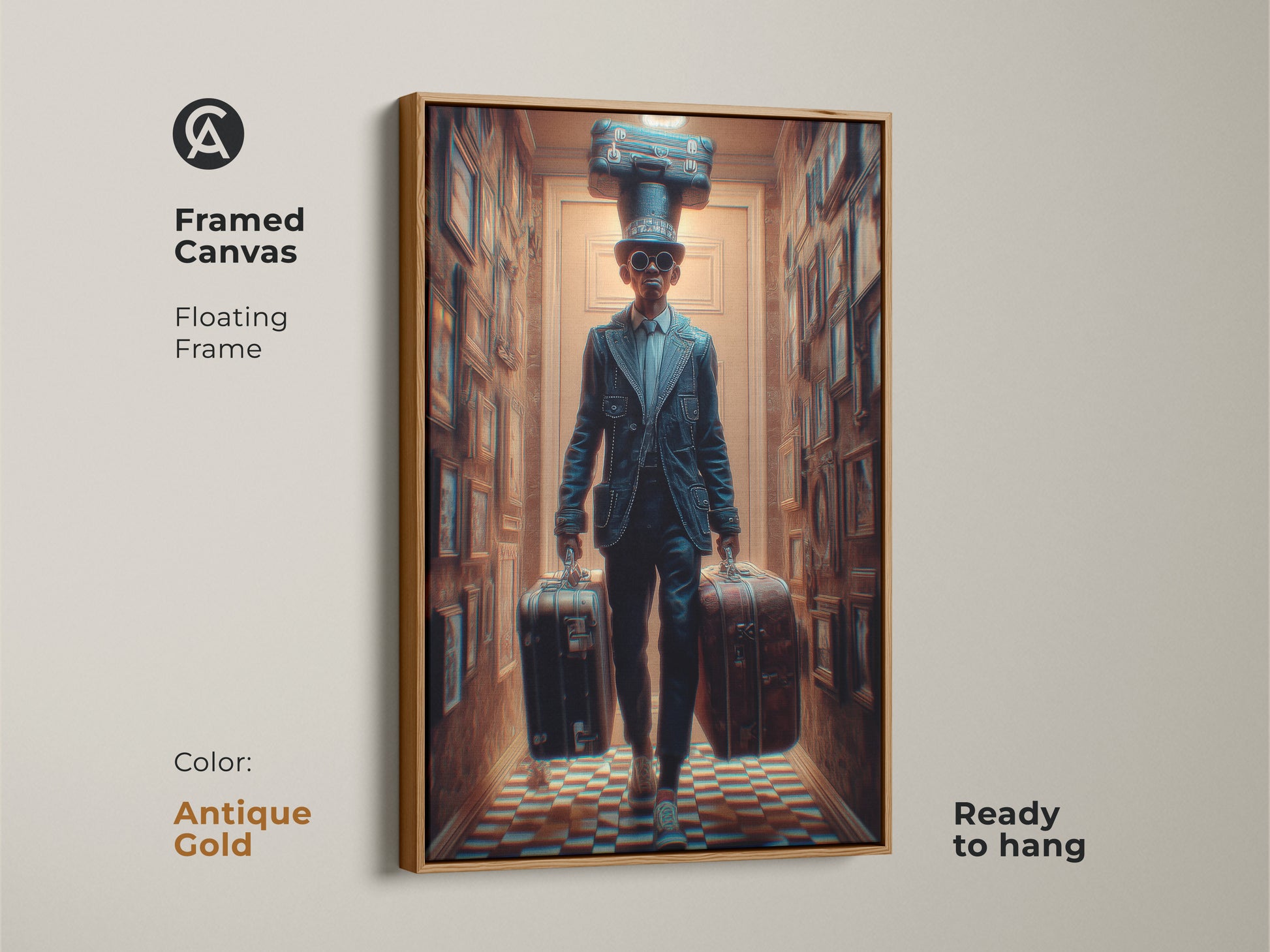 Antique Gold Framed Canvas featuring a Steampunk Man with Suitcases. It's ready to hang. The floating frame enhances this unique travel artwork. This navy blue and brown canvas adds an eclectic and sophisticated touch to your office or home decor.