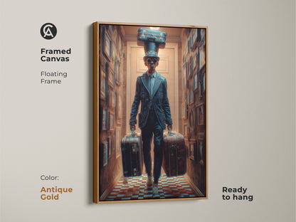 Antique Gold Framed Canvas featuring a Steampunk Man with Suitcases. It's ready to hang. The floating frame enhances this unique travel artwork. This navy blue and brown canvas adds an eclectic and sophisticated touch to your office or home decor.