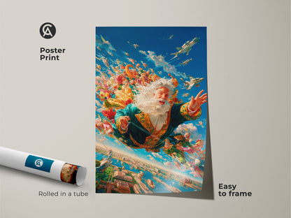 Poster print of Santa Claus skydiving artwork. Santa is depicted soaring through the sky above a cityscape. The artwork includes airplanes and vibrant flowers. The poster is rolled in a tube and easy to frame for wall art.