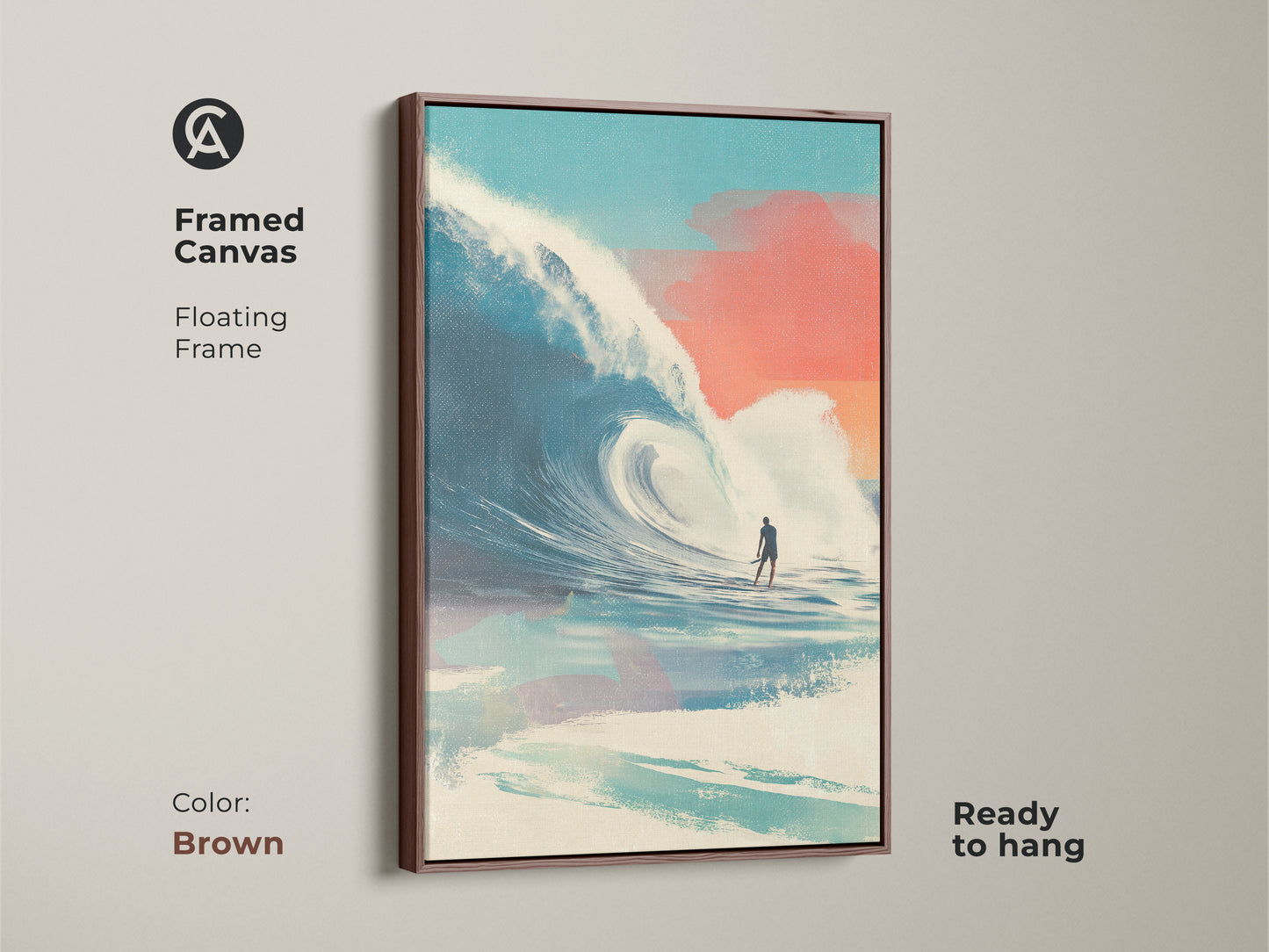 Brown framed canvas featuring surfing artwork. The art shows a surfer riding a big wave. The floating frame complements the artwork. It's ready to hang. The artwork adds a warm coastal touch to your decor. Perfect for creating a cozy atmosphere.