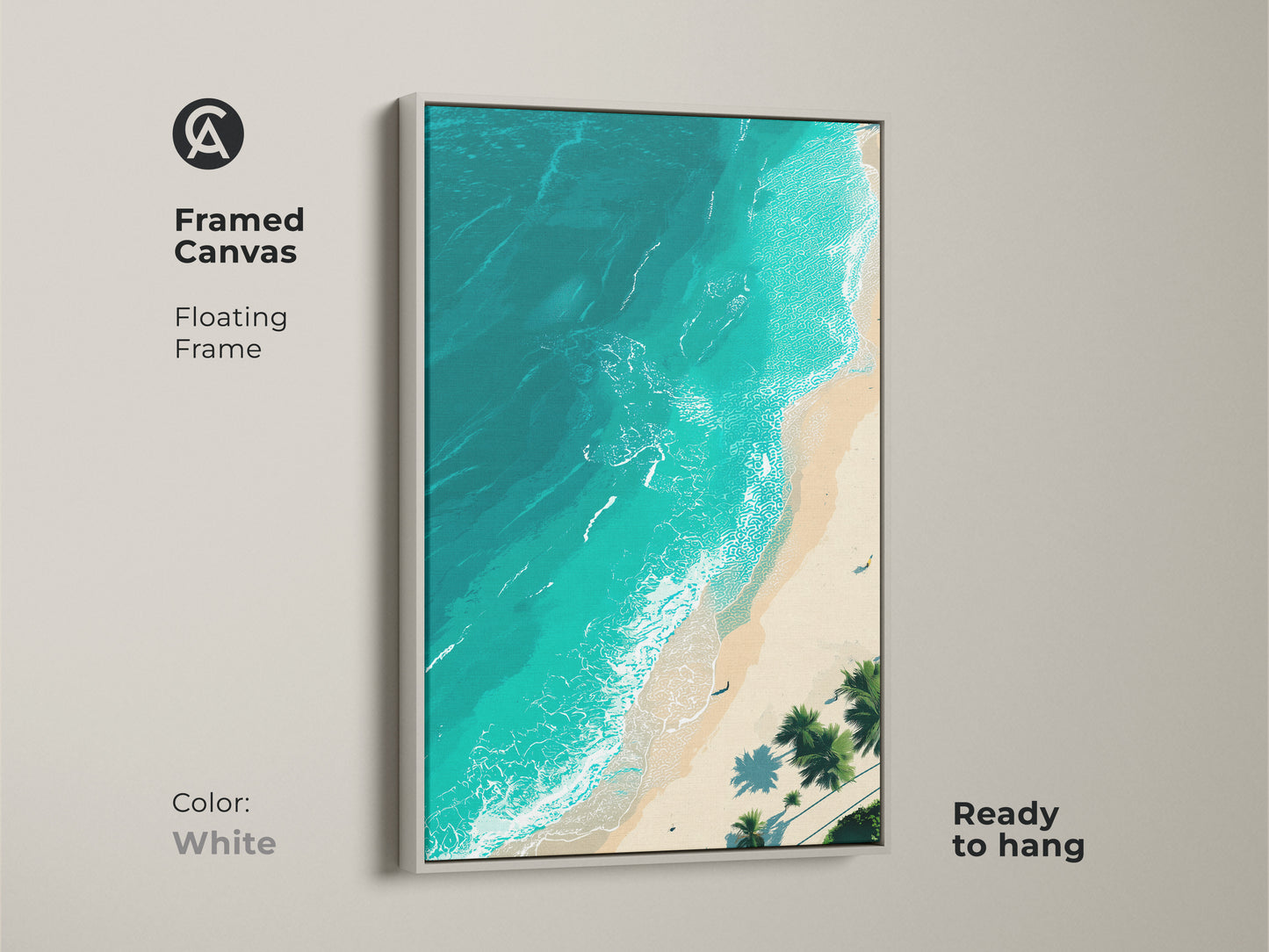 Framed canvas artwork of a beach aerial view in a white floating frame. The turquoise ocean is captivating. The white sand complements the palm trees. This ready to hang artwork brings a fresh clean look to your home decor. Perfect for a coastal aesthetic.