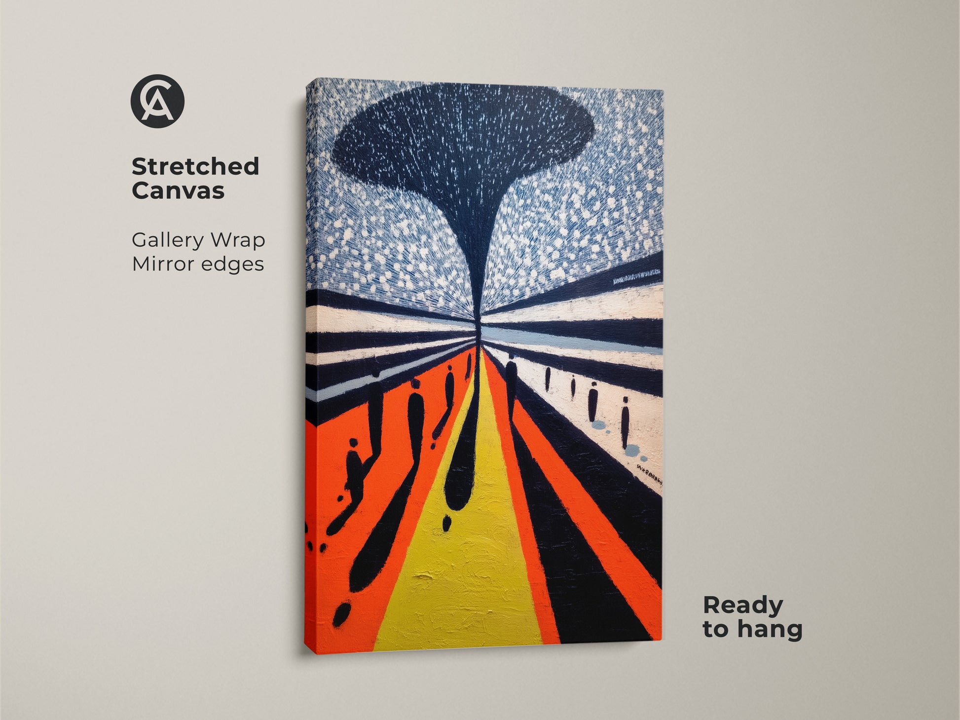 Stretched Canvas showing a gallery wrap with mirror edges. This modern abstract wall art features a contemporary figurative print of geometric people. It is ready to hang and enjoy.