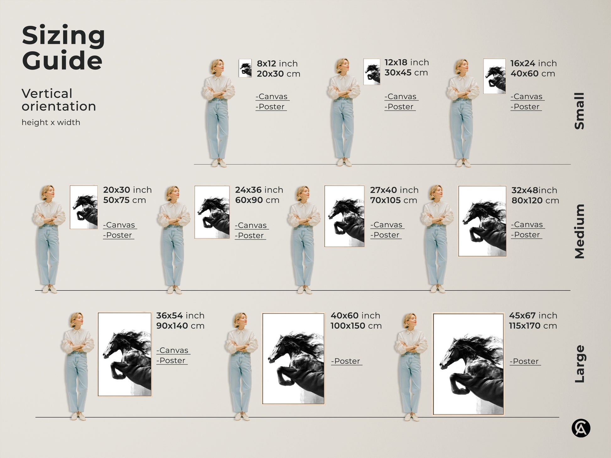 Sizing guide for monochrome horse art prints. Vertical orientation canvas and poster options are available. Black and white stallion artwork for any space. Contemporary animal decor for horse lovers. Select the ideal size for your modern wildlife print.