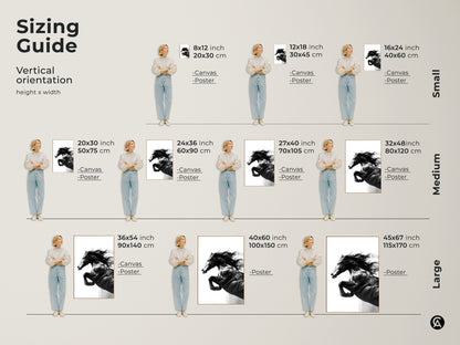 Sizing guide for monochrome horse art prints. Vertical orientation canvas and poster options are available. Black and white stallion artwork for any space. Contemporary animal decor for horse lovers. Select the ideal size for your modern wildlife print.