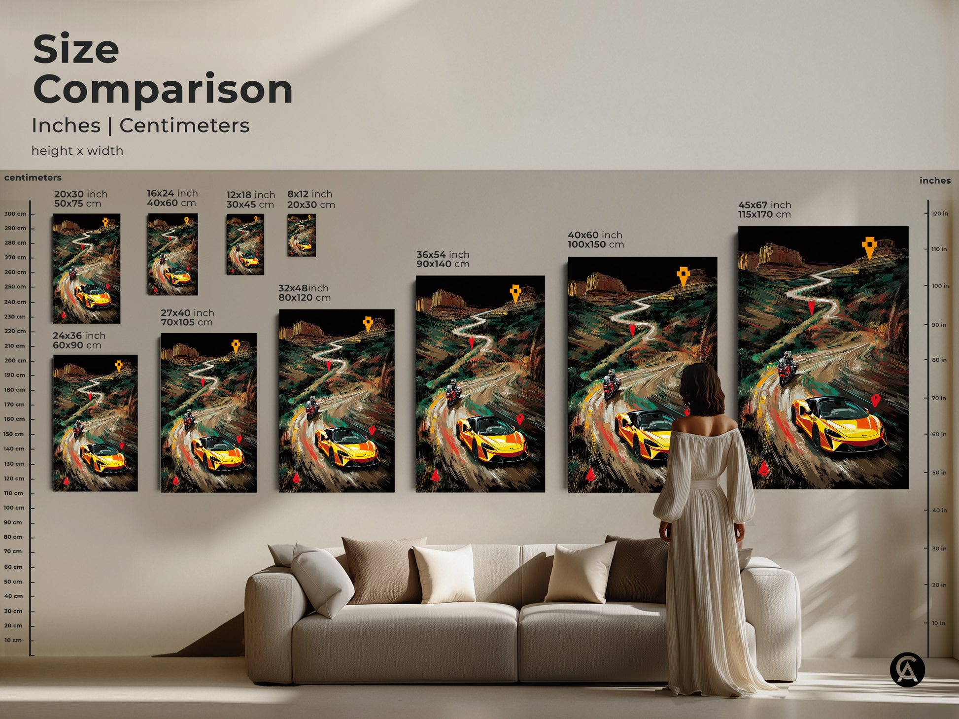 Size comparison of modern landscape art prints featuring a yellow sports car and motorcycle. See how different sizes fit above a sofa. Choose the perfect road trip wall decor for your space. Great for office artwork or a unique car enthusiast gift.