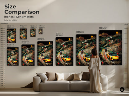 Size comparison of modern landscape art prints featuring a yellow sports car and motorcycle. See how different sizes fit above a sofa. Choose the perfect road trip wall decor for your space. Great for office artwork or a unique car enthusiast gift.