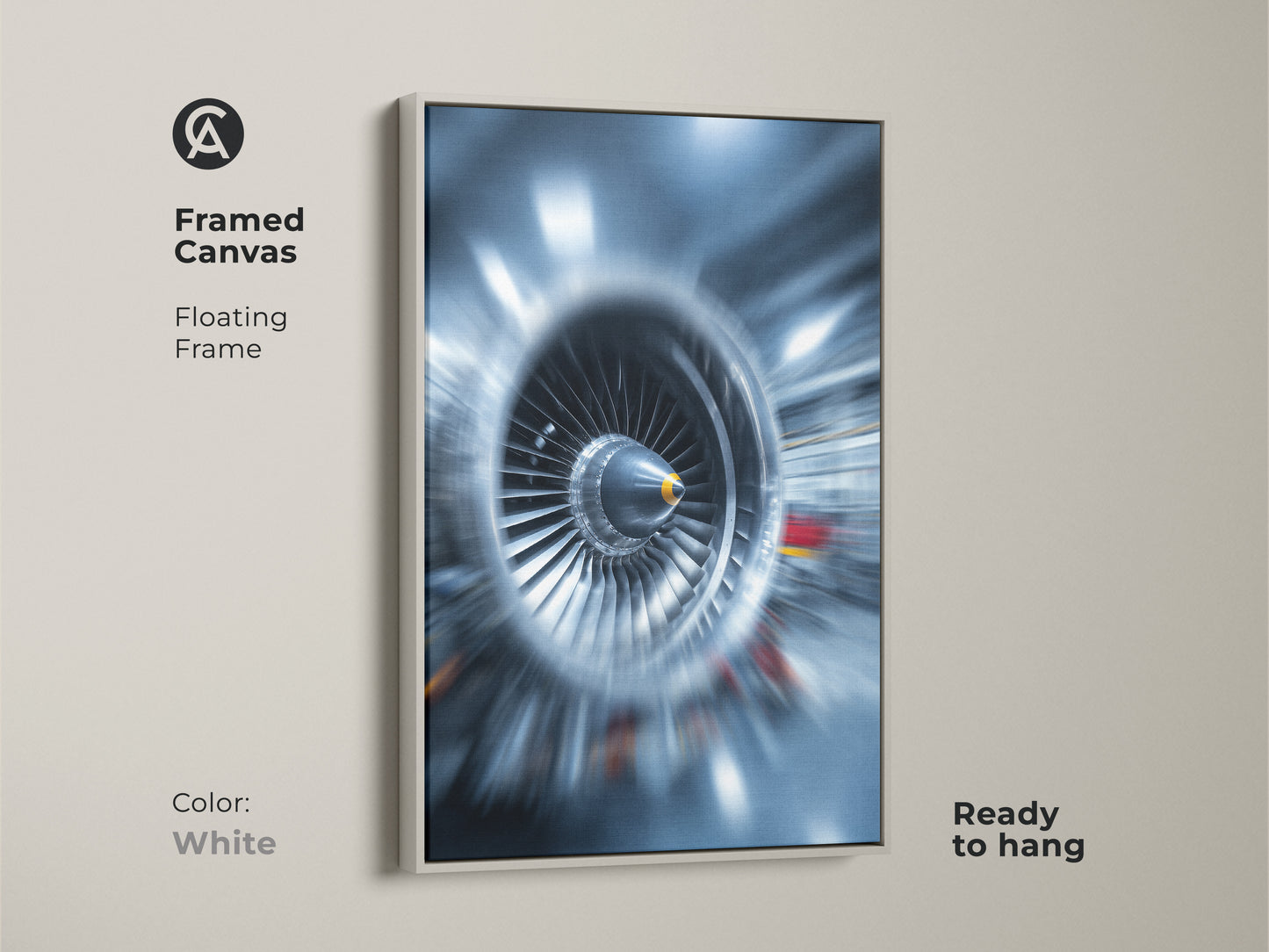 Framed abstract jet engine art with a white floating frame. This turbine blades canvas print is ready to hang. The industrial tech wall art features deep blue and steel gray tones. This artwork adds a modern and powerful statement to any room. Perfect for technology enthusiasts.