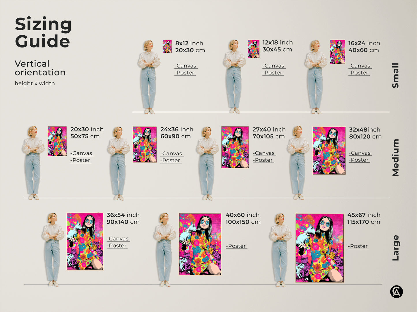 This sizing guide shows the vertical orientations of the psychedelic pop art print. It includes canvas and poster options. Sizes range from small to large. The artwork features a woman with cats.
