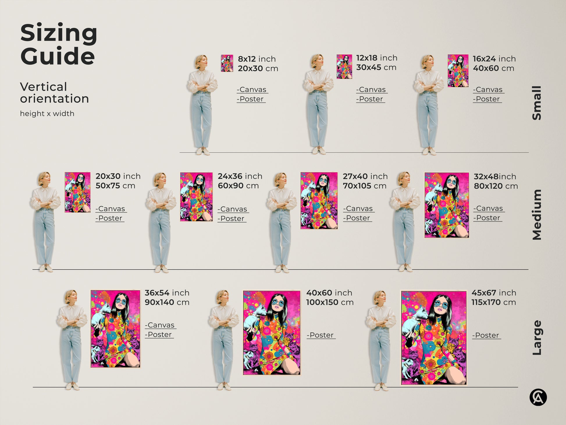 This sizing guide shows the vertical orientations of the psychedelic pop art print. It includes canvas and poster options. Sizes range from small to large. The artwork features a woman with cats.