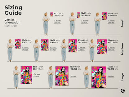 This sizing guide shows the vertical orientations of the psychedelic pop art print. It includes canvas and poster options. Sizes range from small to large. The artwork features a woman with cats.
