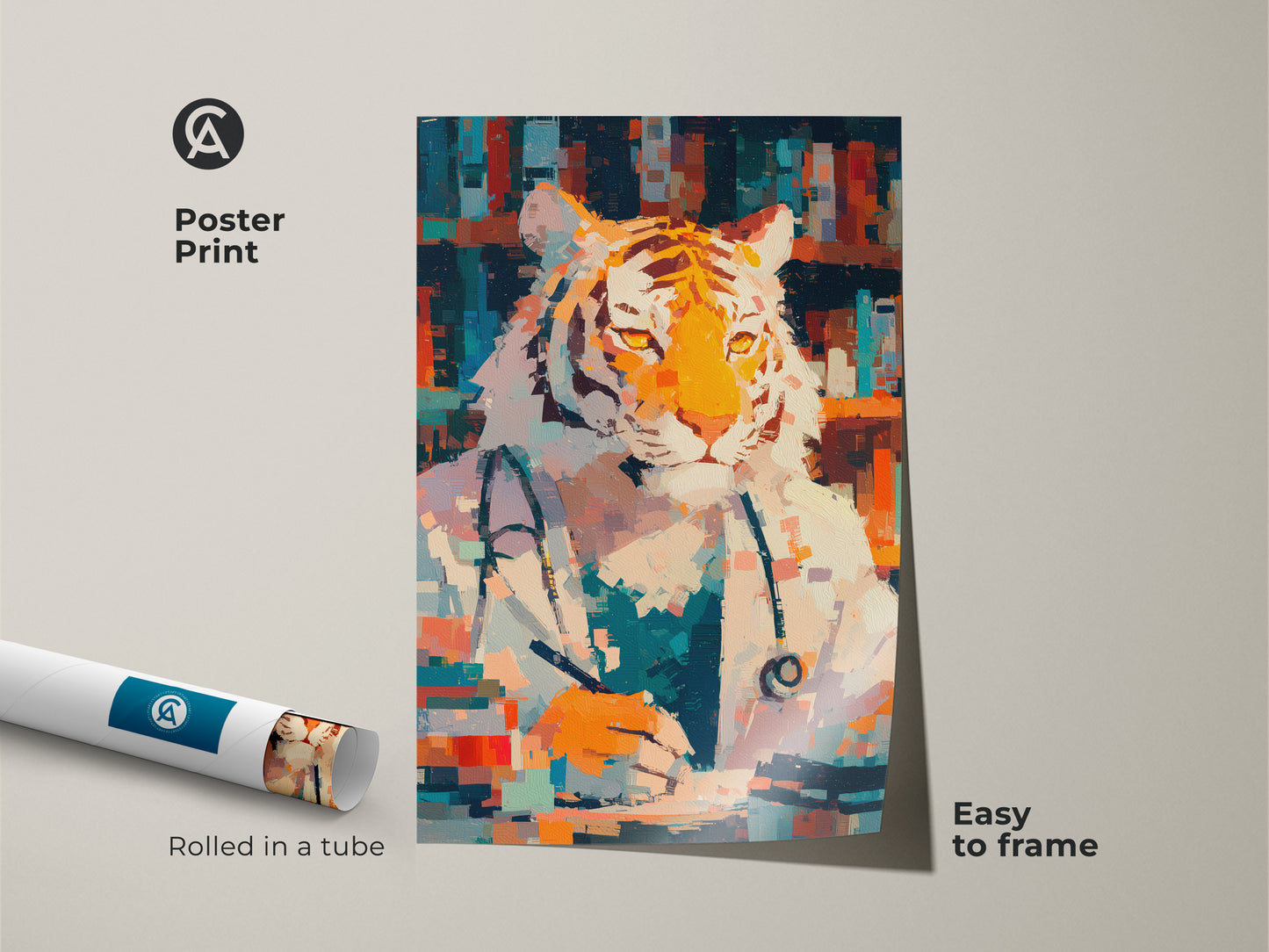 Poster print of a tiger doctor rolled in a tube. This museum-quality paper print is easy to frame. The artwork features a tiger dressed as a doctor. It's a fun and quirky piece. Ideal for adding personality to any room. A great gift for art enthusiasts.