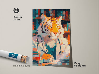 Poster print of a tiger doctor rolled in a tube. This museum-quality paper print is easy to frame. The artwork features a tiger dressed as a doctor. It's a fun and quirky piece. Ideal for adding personality to any room. A great gift for art enthusiasts.