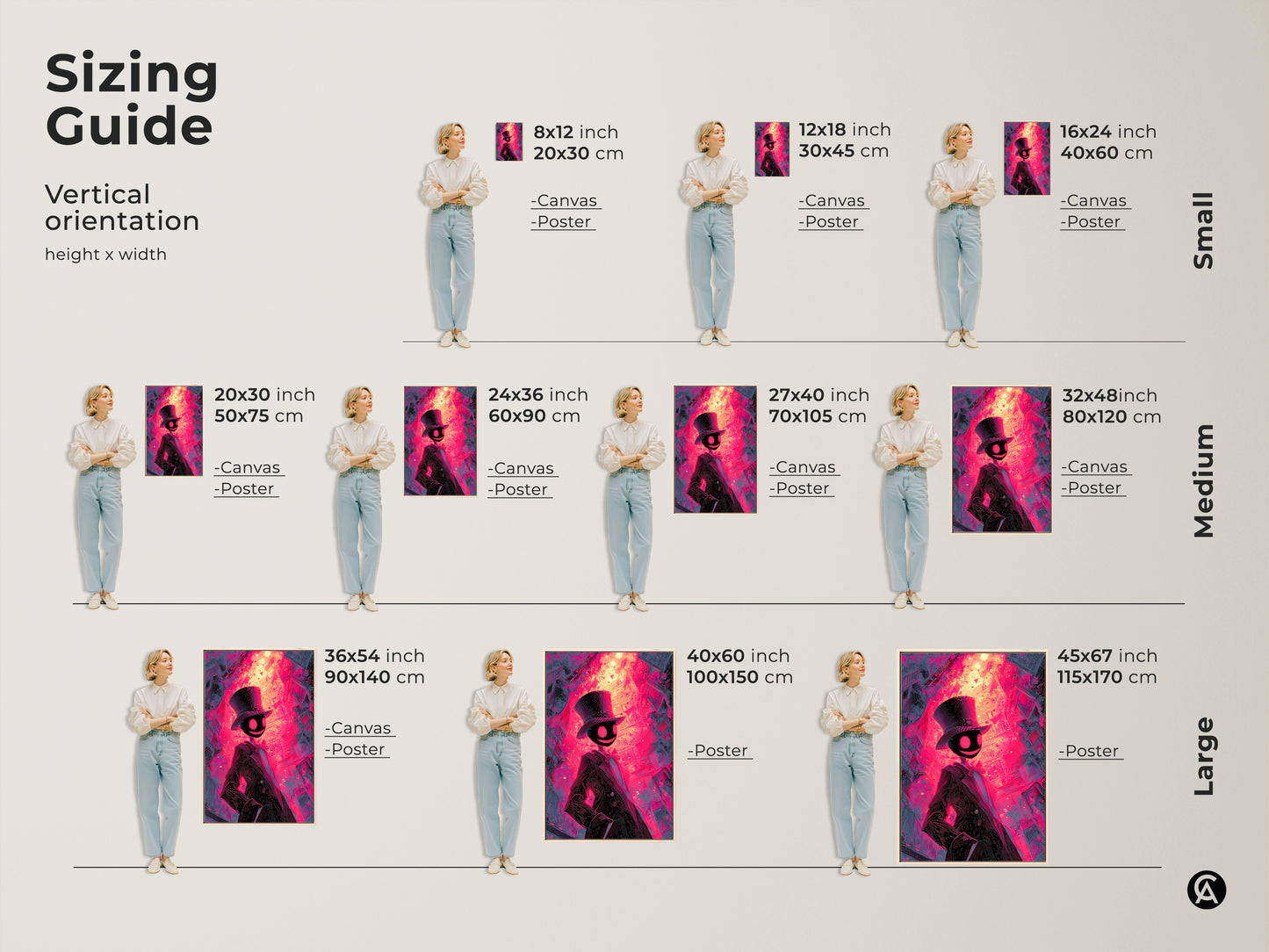 Sizing guide for vertical art prints. Available in small medium and large sizes. Choose canvas or poster prints. Find the perfect fit for your space with our detailed size comparisons. Transform your walls today.
