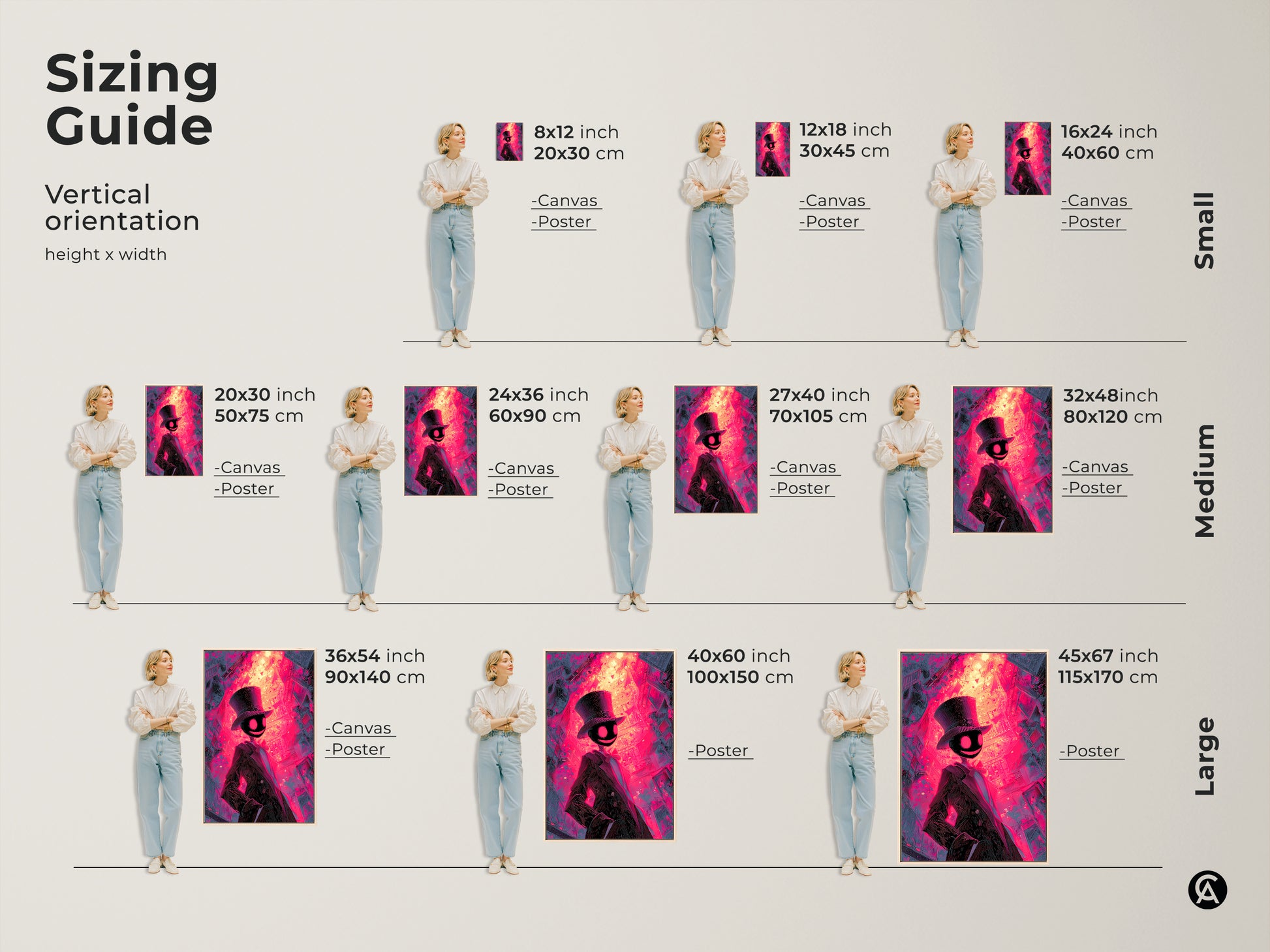 Sizing guide for vertical art prints. Available in small medium and large sizes. Choose canvas or poster prints. Find the perfect fit for your space with our detailed size comparisons. Transform your walls today.