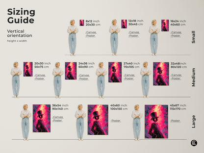 Sizing guide for vertical art prints. Available in small medium and large sizes. Choose canvas or poster prints. Find the perfect fit for your space with our detailed size comparisons. Transform your walls today.