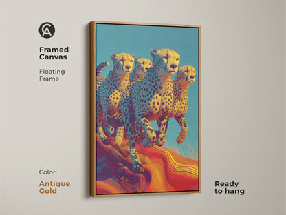 Framed Canvas artwork featuring cheetahs running. This wildlife art piece has a floating frame with an antique gold finish. The yellow blue and red colors create a vibrant animal print. This is the perfect eclectic home decor. Buy as a housewarming gift idea today.