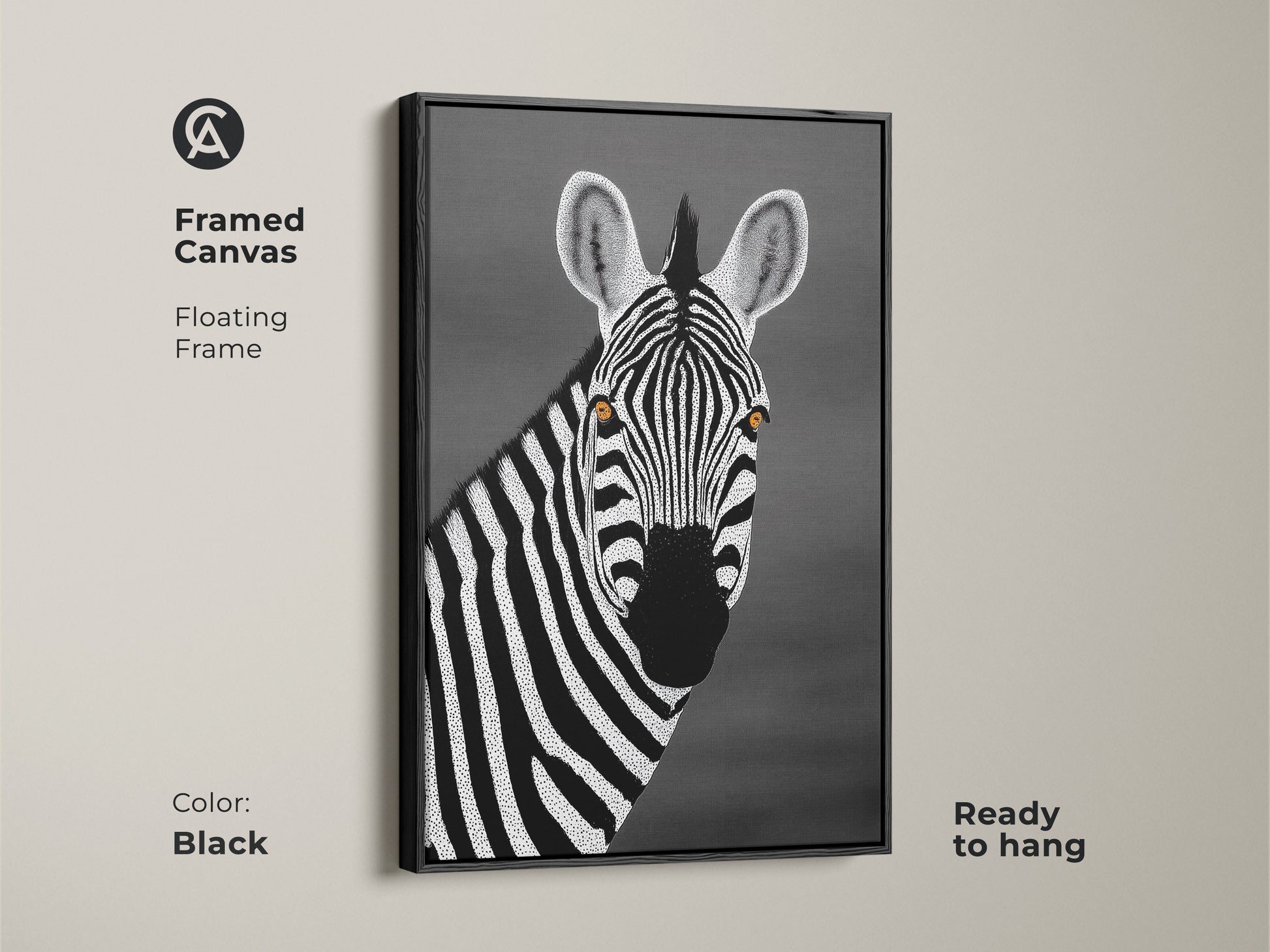Black framed canvas featuring a monochrome zebra. Floating frame accents the minimalist dot artwork. This contemporary art brings African wildlife indoors. A stylish and ready-to-hang piece for modern decor.