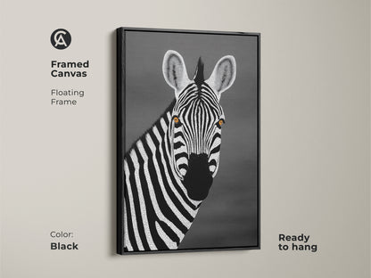 Black framed canvas featuring a monochrome zebra. Floating frame accents the minimalist dot artwork. This contemporary art brings African wildlife indoors. A stylish and ready-to-hang piece for modern decor.