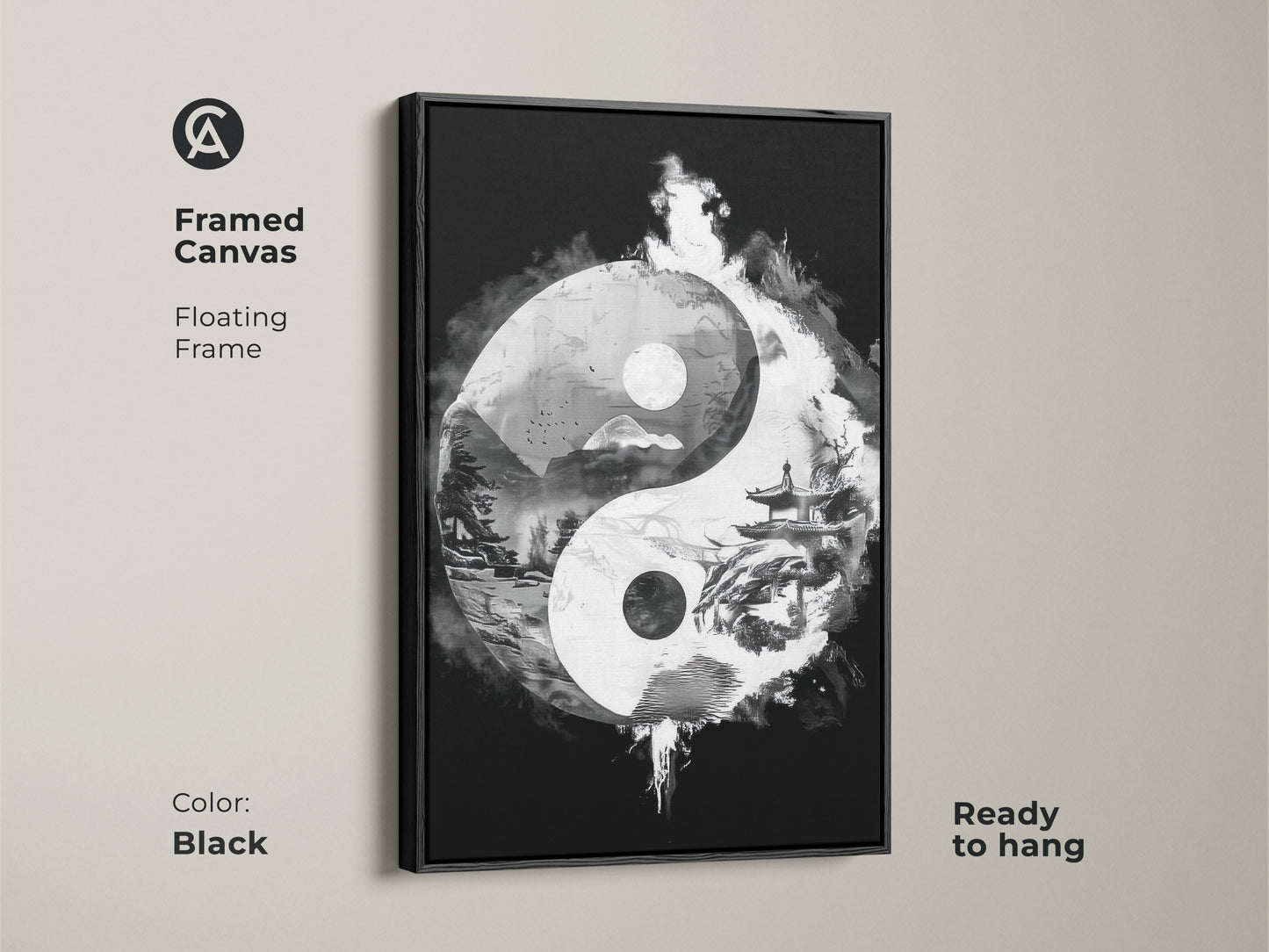 Framed canvas of Yin Yang abstract art in black. Floating frame adds a touch of elegance. Ready to hang for contemplative office art. Ideal for Feng Shui wall art.