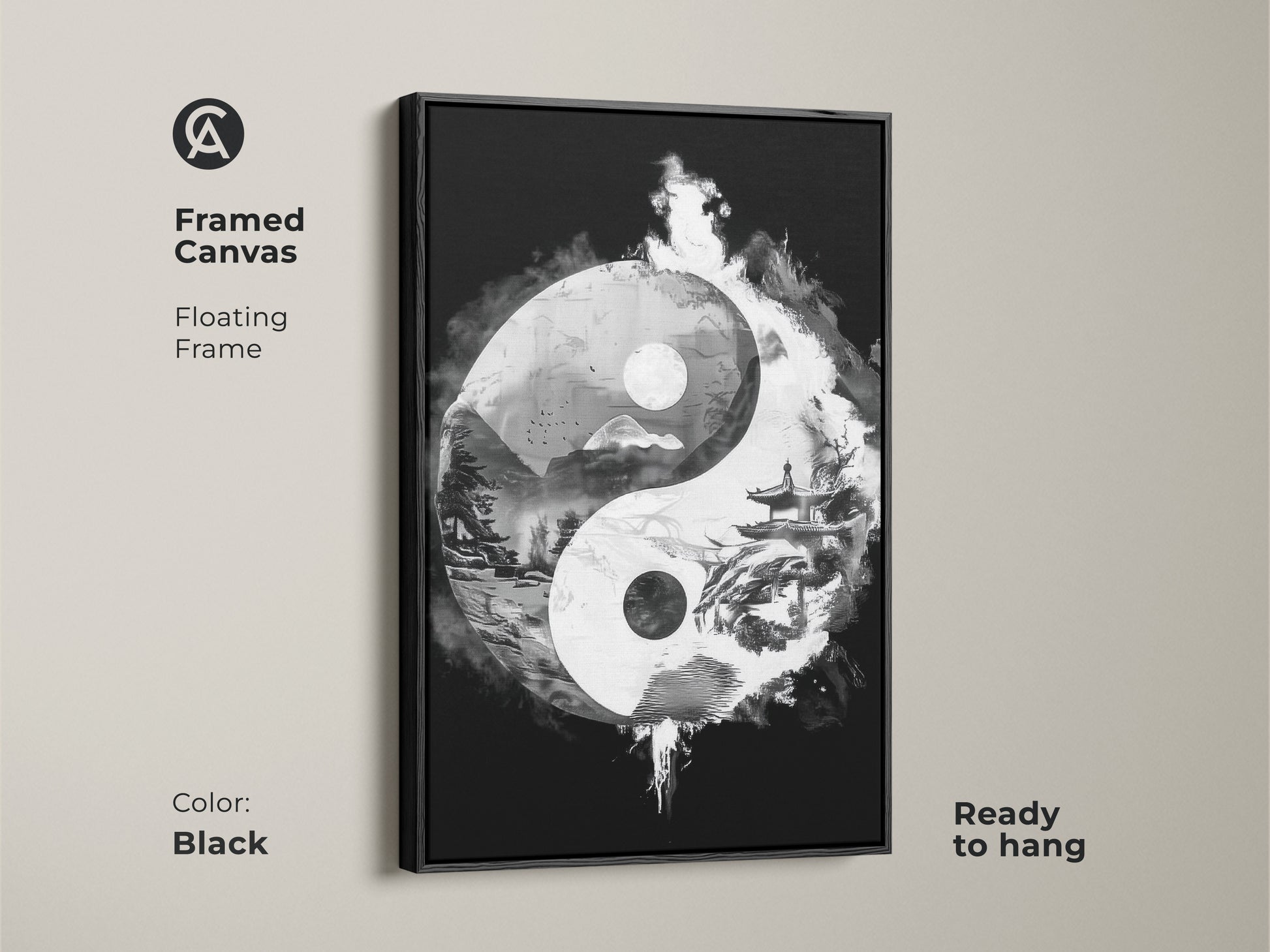 Framed canvas of Yin Yang abstract art in black. Floating frame adds a touch of elegance. Ready to hang for contemplative office art. Ideal for Feng Shui wall art.