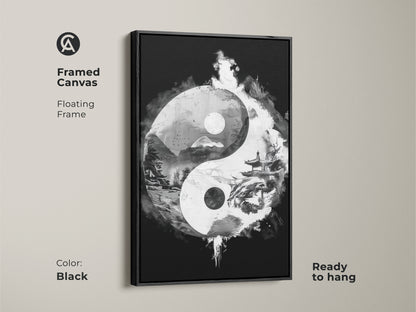 Framed canvas of Yin Yang abstract art in black. Floating frame adds a touch of elegance. Ready to hang for contemplative office art. Ideal for Feng Shui wall art.
