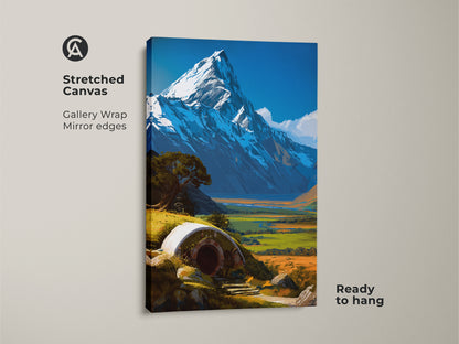 Stretched canvas print of a Hobbit hole landscape with a snowy mountain backdrop. Gallery wrapped with mirrored edges this fantasy art is ready to hang. The vibrant digital painting adds a cozy feel to any room. Ideal for eclectic living room art or a unique housewarming gift.