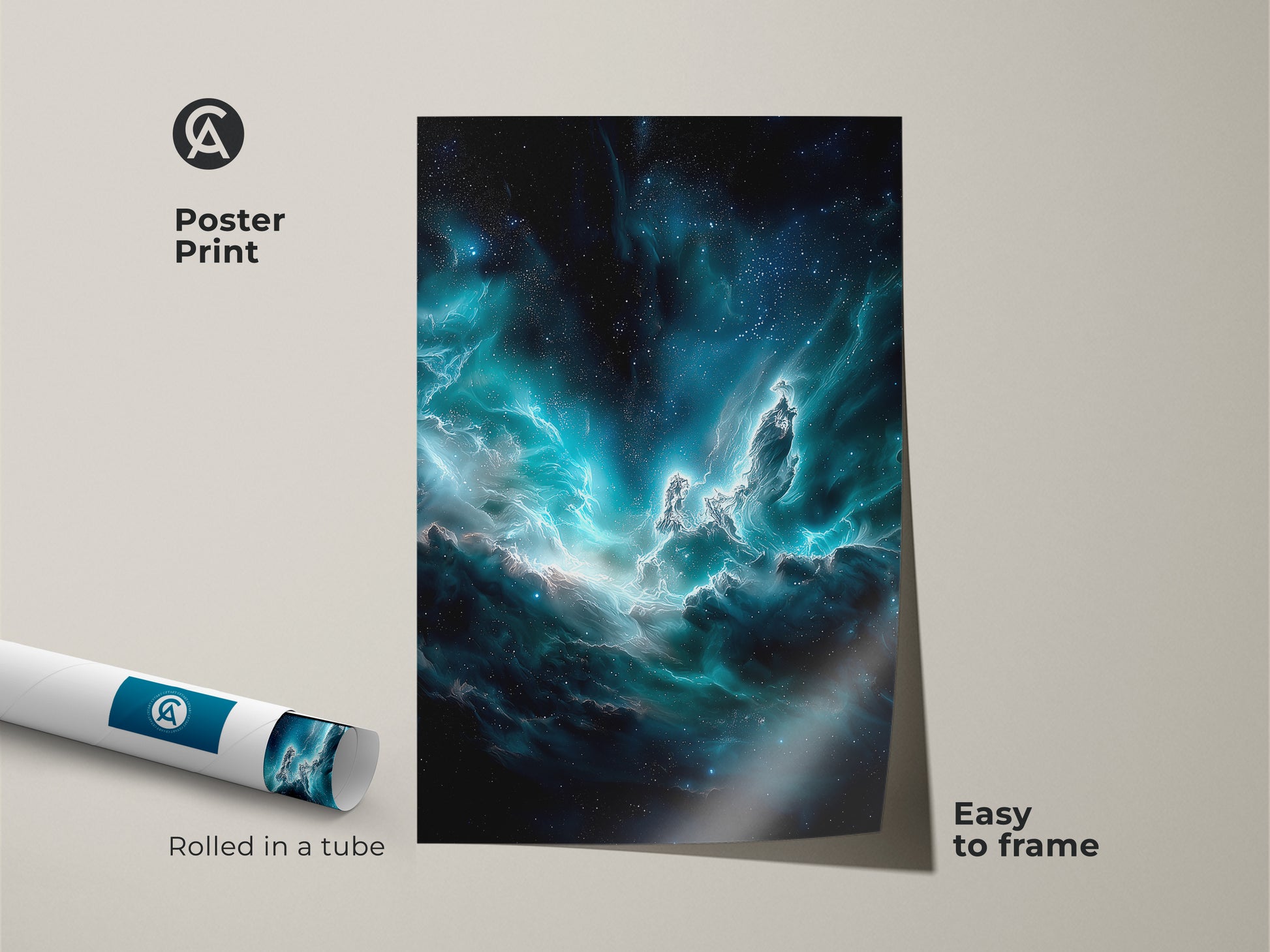 This poster print features a deep blue nebula with teal cosmic dust rolled in a tube. The celestial artwork is easy to frame for a home office or bedroom. It is a surreal galaxy print for space lovers. Add contemporary style to any room.