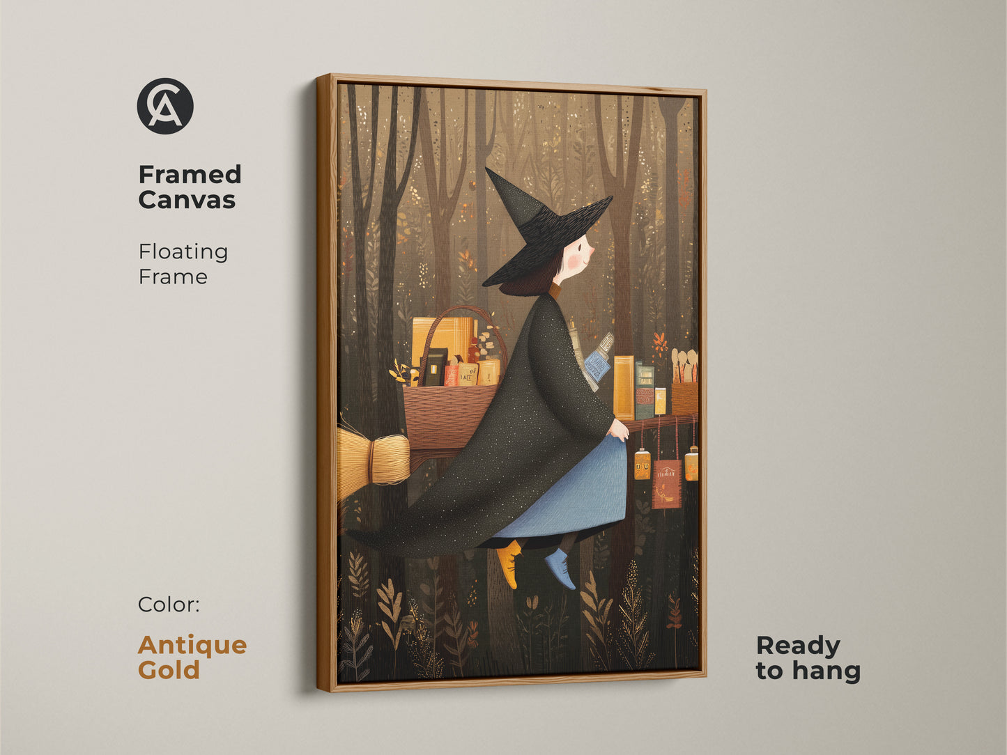 Framed canvas in antique gold featuring a witch on a broom. The whimsical artwork embodies a nature witch. It adds to a spooky season decor. Gift this potion bottle art to a witch friend.
