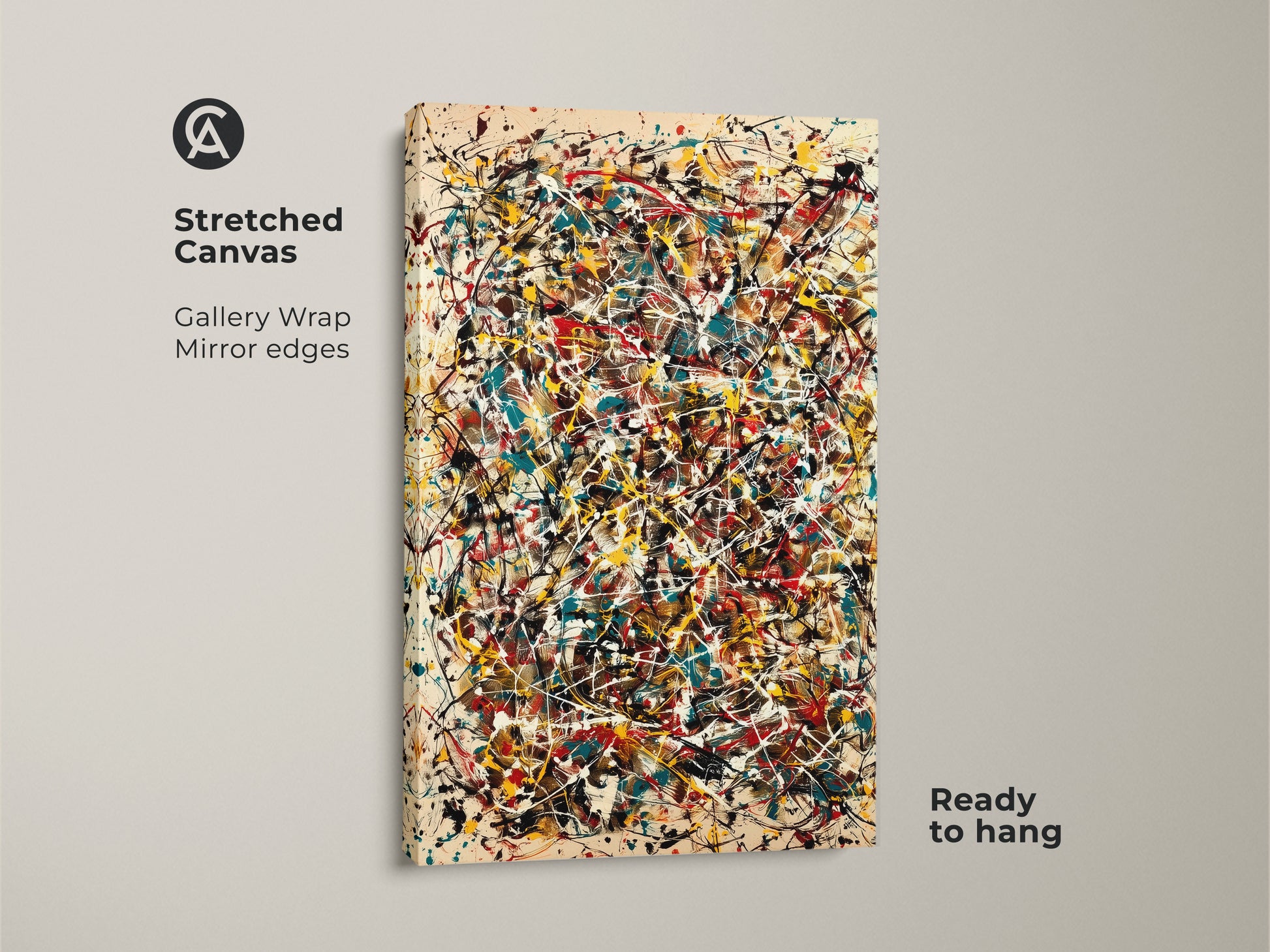 Stretched canvas print of abstract art. Gallery wrapped with mirror edges this piece is ready to hang. The artwork showcases splatters of red yellow teal and white. This canvas adds a modern touch to your decor.