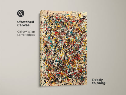 Stretched canvas print of abstract art. Gallery wrapped with mirror edges this piece is ready to hang. The artwork showcases splatters of red yellow teal and white. This canvas adds a modern touch to your decor.