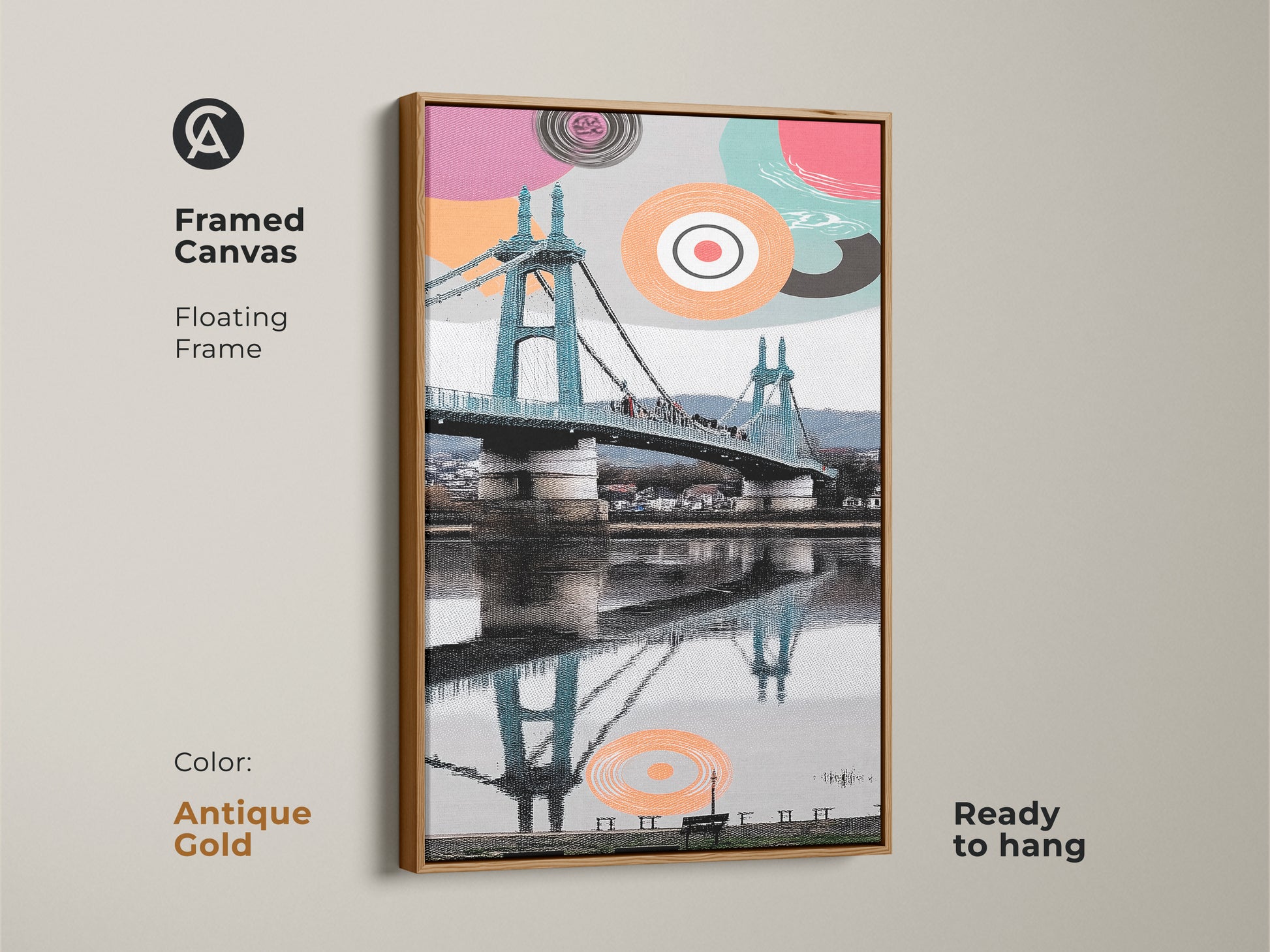 Framed canvas with a floating frame is ready to hang. Antique gold frame complements the abstract geometric artwork. The aqua and coral bridge print creates a stunning cityscape. This modern piece of wall art serves as contemporary entryway decor that is inspired by travel.