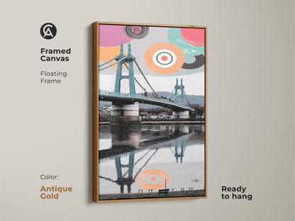 Framed canvas with a floating frame is ready to hang. Antique gold frame complements the abstract geometric artwork. The aqua and coral bridge print creates a stunning cityscape. This modern piece of wall art serves as contemporary entryway decor that is inspired by travel.