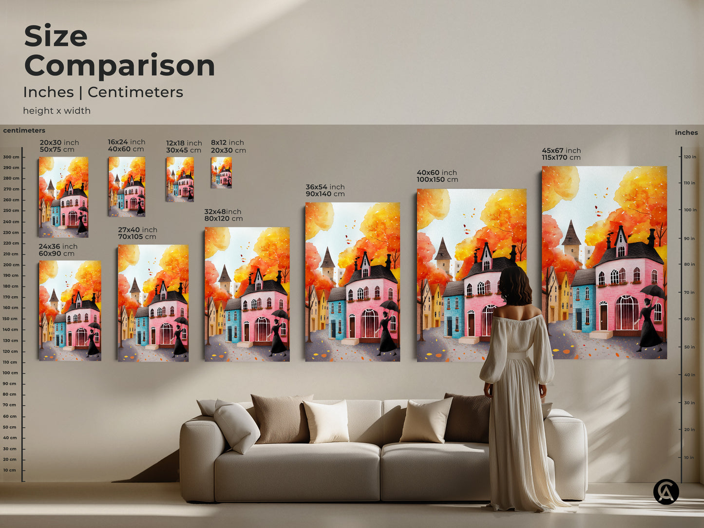 Size comparison of autumn cityscape art prints. View canvas and poster prints in inches and centimeters. The artwork displays a woman with an umbrella and charming houses. Perfect for fall decor this piece adds a cozy eclectic touch to your home. Select the right size to enhance your entryway decor.