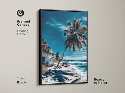 Framed canvas artwork with a black floating frame. The beach scene features a palm tree and turquoise ocean. The artwork is ready to hang. This framed art adds coastal charm to any room.