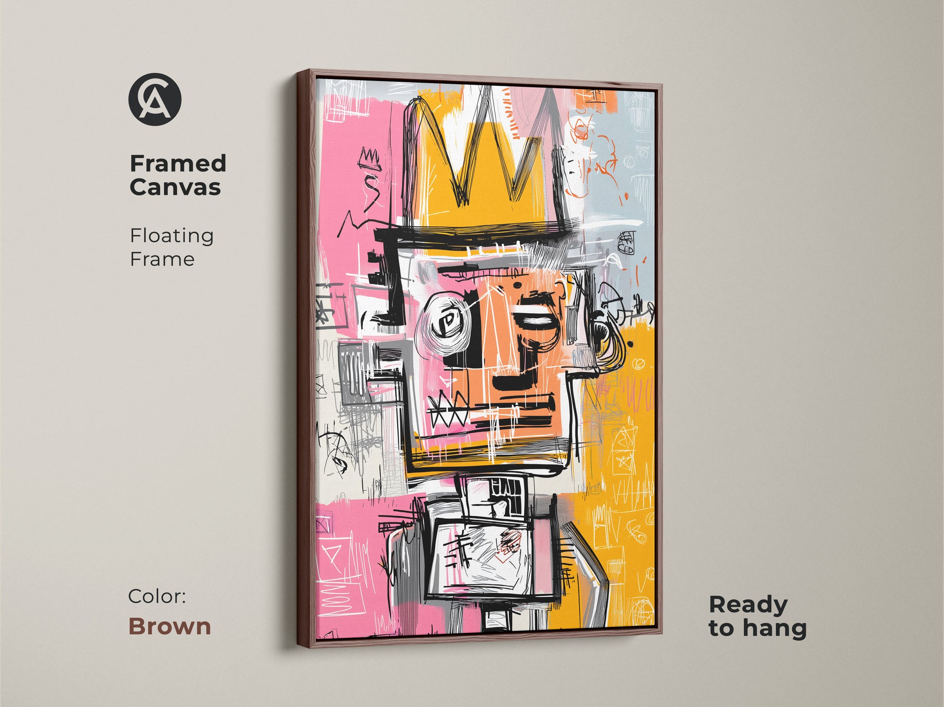 Framed Canvas of Graffiti-Style King Artwork in Brown Frame. This artwork features a bold figure with a crown is displayed in a floating brown frame. Ready to hang this artwork adds a warm touch to any room. Enhance your home decor with this modern art piece.