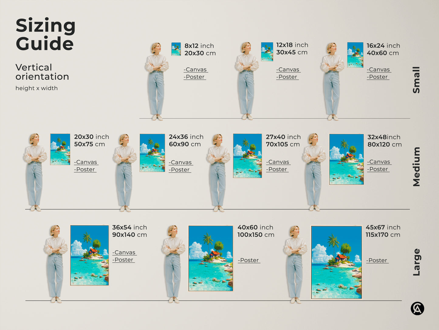 Sizing guide for tropical island canvas and poster art. Visualize vertical orientation with height and width dimensions. Available in small medium and large sizes. Perfect for various wall spaces. Find the ideal fit for your home decor with this tropical artwork.
