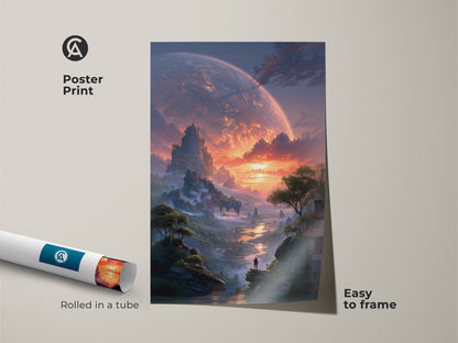 Poster print of an alien planet landscape. Rolled in a tube for easy framing. Bring an epic fantasy to your wall with this sci-fi artwork. The contemporary wall hanging features deep blue and fiery orange hues. Ideal for a gaming room or home office decor. Its a unique piece of art.