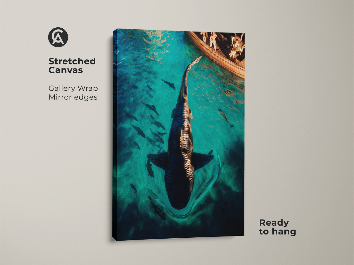 Stretched Canvas of a Turquoise Shark Print. The deep blue underwater scene captures a thrilling boat adventure. Ready to hang with gallery wrapped edges. This surreal marine life artwork adds an eclectic touch to any space. The perfect gift for ocean lovers.