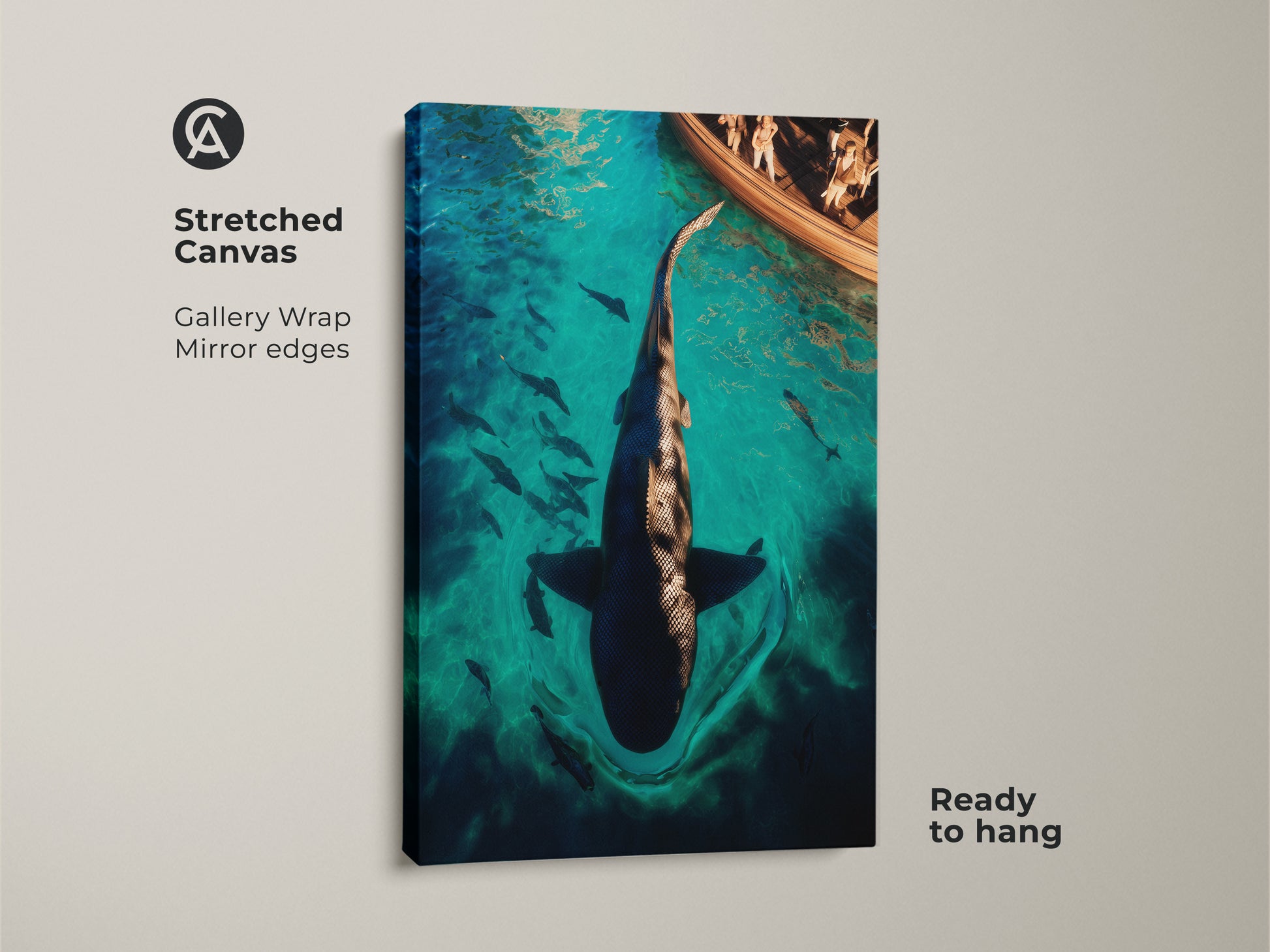 Stretched Canvas of a Turquoise Shark Print. The deep blue underwater scene captures a thrilling boat adventure. Ready to hang with gallery wrapped edges. This surreal marine life artwork adds an eclectic touch to any space. The perfect gift for ocean lovers.