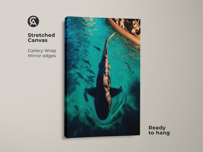 Stretched Canvas of a Turquoise Shark Print. The deep blue underwater scene captures a thrilling boat adventure. Ready to hang with gallery wrapped edges. This surreal marine life artwork adds an eclectic touch to any space. The perfect gift for ocean lovers.