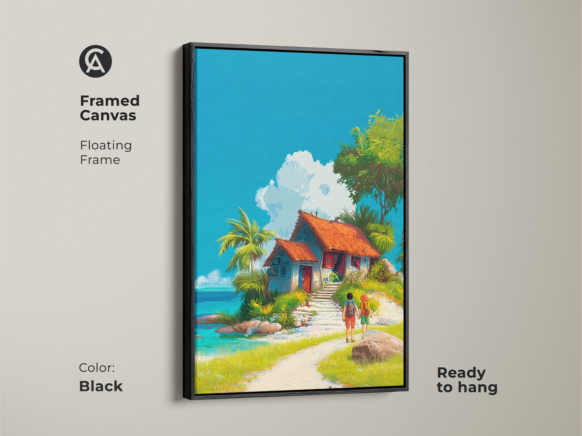 Framed canvas art in a black floating frame. This artwork showcases a tropical beach house scene with bright colors. Ready to hang. The palm trees and blue sky create a serene atmosphere. Add this framed artwork to your home today.