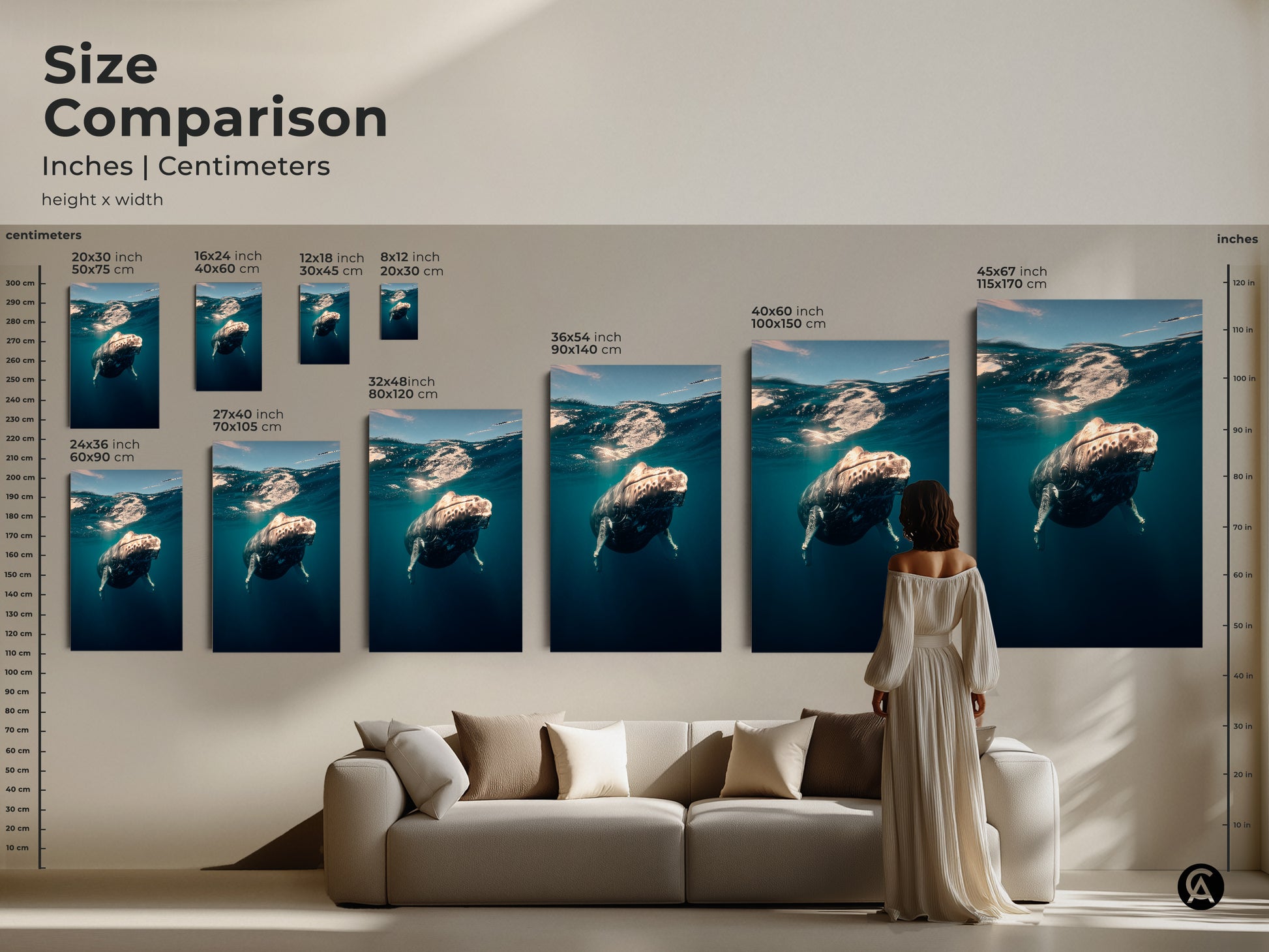 Size comparison of coastal ocean whale art prints. See how the sizes look in a living room setting. Available in inches and centimeters. Enhance your space with this deep blue marine life canvas wall decor. Perfect for adding a touch of the ocean.