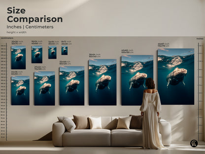 Size comparison of coastal ocean whale art prints. See how the sizes look in a living room setting. Available in inches and centimeters. Enhance your space with this deep blue marine life canvas wall decor. Perfect for adding a touch of the ocean.
