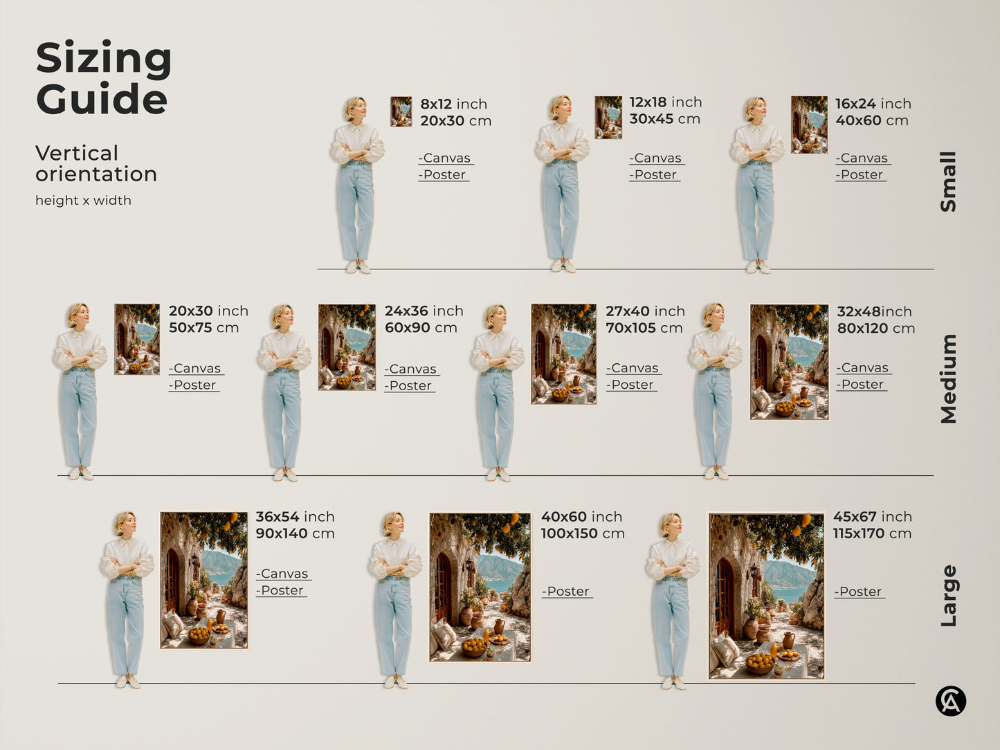 Sizing guide for Mediterranean Lemon Tree canvas and poster prints. Vertical orientation options are shown. Available in small medium and large sizes perfect for any space needing coastal artwork.